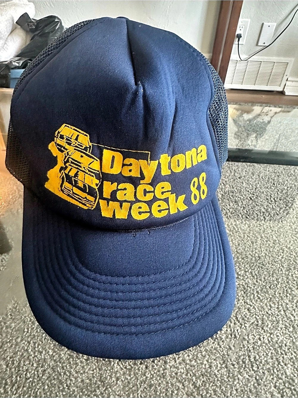 Daytona Race Week '88 Graphic Trucker Hat Blue & Yellow